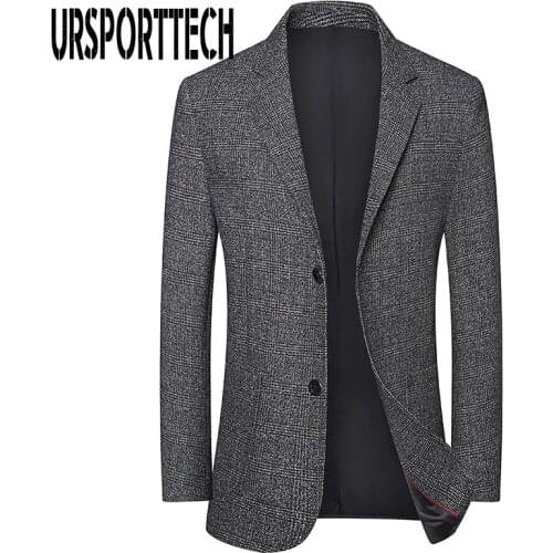 URSPORTTECH Men Blazer Oversize Business Casual Slim Fit Suit Jacket Male Plaid Blazer Men Coat Terno Masculino Plus Size