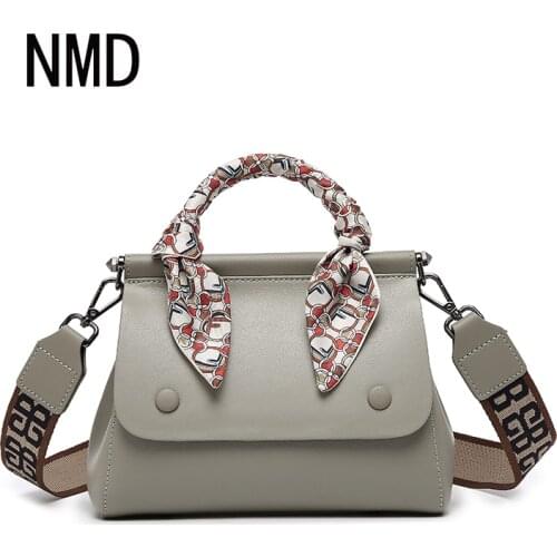 NMD 2021 Female bag Split Leather Small square bag Summer Fashion silk Scarf Handbag Simple Wide Shoulder Strap Messenger bag