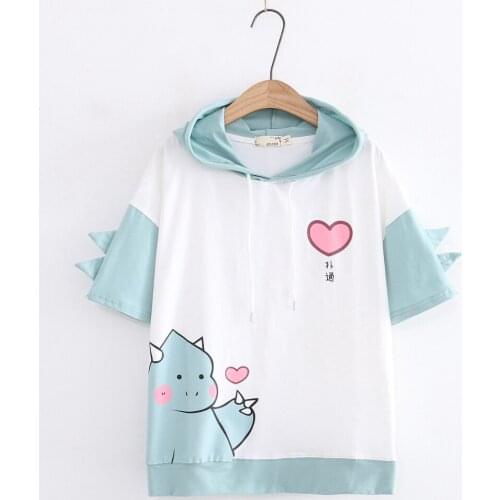 Harajuku Women Cute Dinosaur Cartoon Print Hoodies Teens School Girls Short Sleeve Cotton T Shirt Summer Kawaii Basic Tops Tees