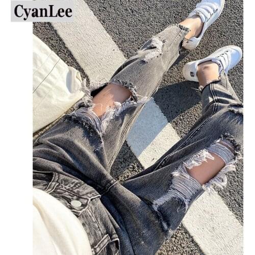 2020 New Woman Jeans Hole Boyfriend High Waist Light Blue Harem Jeans for Woman Vintage Ripped Jean Female Fashion