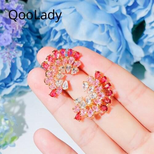 QooLady Hot Pink Red Cubic Zirconia Colorful Cute Half Flower Yellow Gold Stud Earring for Women Summer Jewelry Accessories E163