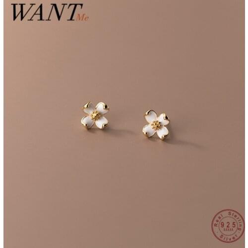 WANTME 925 Sterling Silver Romantic White Enamel Four Petal Flower Stud Earrings for Women Simple Sweet Girl Party Jewelry Gift