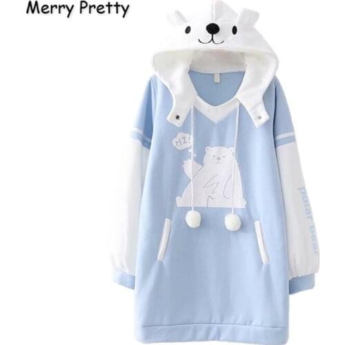 Merry Pretty Women’s Long Hoodies Sweatshirts Harajuku Cartoon Bear Print Blue Hooded Pullover With Ears On Hood Loose Tracksuit