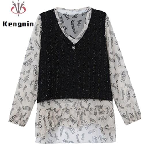 Autumn 2021 Oversized Womens Sets Black Sleeveless Vest+ Long Sleeve Print Chiffon Blouse Two Piece Set Lady Clothing KE1722