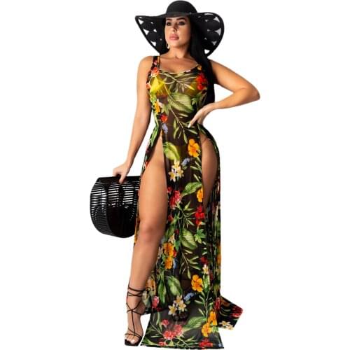 S-XXL Women Sexy Thin shoulder strap Floral Print Mesh See Through High Split Beach Long Maxi Dress