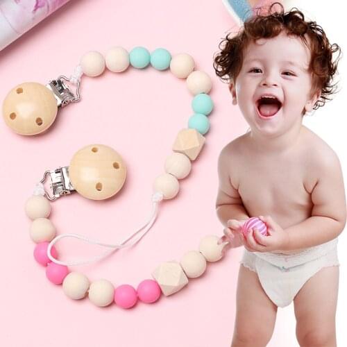 1 Pcs Baby Pacifier Clip Chain Wooden Beads Dummy Clip Soother Chew Pacifier Clips Leash Nipple Holder Teether Anti-Drop Rope