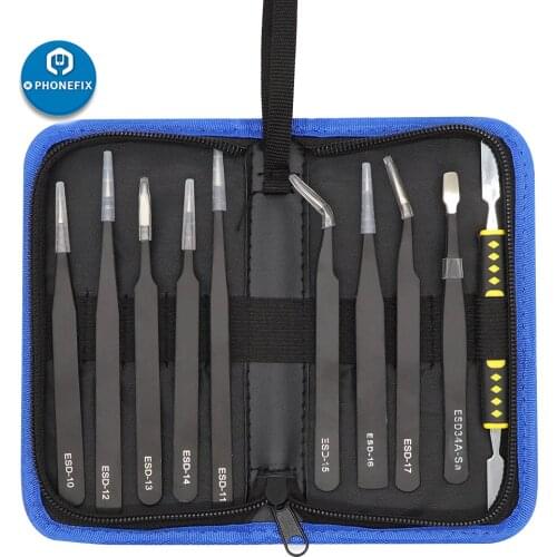 10 in 1 ESD Anti-Magnetic Tweezers Tool Set Straight Curved Tip Tweezer Stainless Multifunction Nipper Repair Tool Kit with Bag