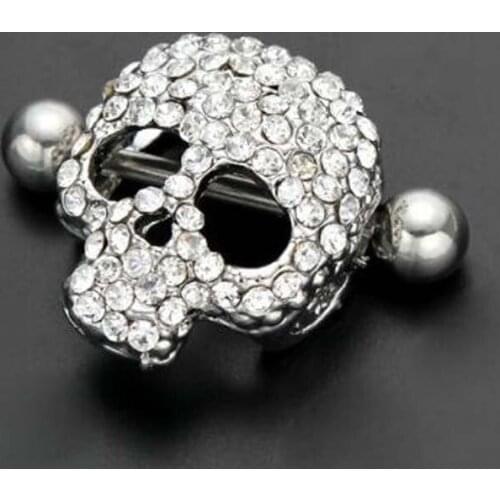 2 pc/set Stainless steel punk style skull head gold silver color crystal nipple ring have rod body Piercing