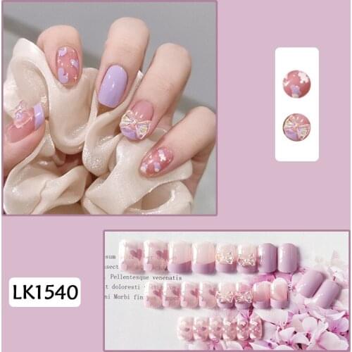 24Pcs Fake Nails Purple Cloud 3D Bow Printed DIY Slider Removable Short Paragraph Fashion Manicure Accessories Nail Art Tools NN