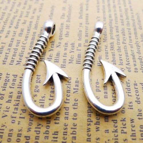 6 PCS/Lot 17mm*40mm Pendant Antique Silver Color Fishhook Charms For DIY Jewelry Making DIY Keychain