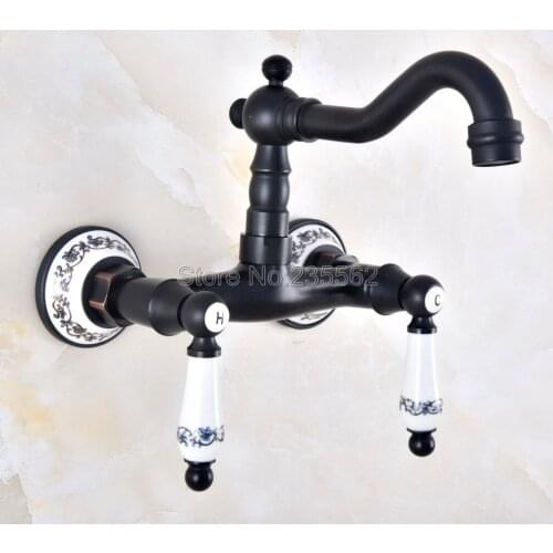 Moder Wall Mounted Double Handle Oil Rubbed Black Bronze Bathroom Basin Sink Mixer Tap Faucet lnf829