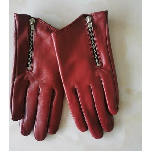 Pure Sheepskin Genuine Leather Woman Gloves Short Style Red With Zipper European Version French Elegance Female Mittens TB84-1