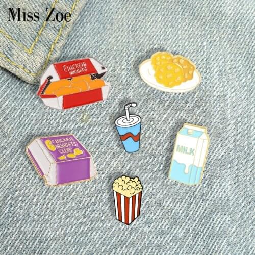Fast Food Enamel Pins Custom Cute Chicken Nuggets Coke Biscuits Milk Brooch Lapel Badge Bag Cartoon Jewelry Gift for Kid Friend
