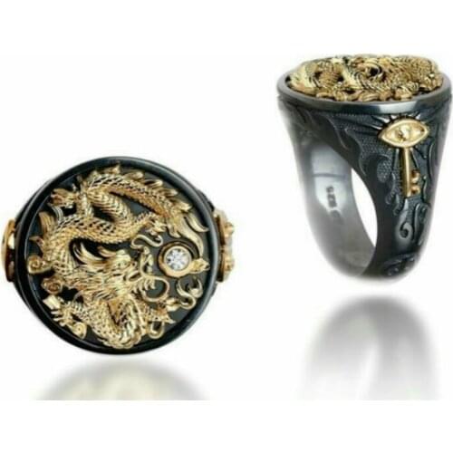 Hot Sale Mens Gold-Plated Two-Color Ring Domineering Chinese Dragon Bright Black Ring Jewelry