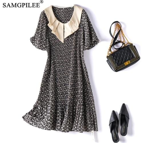 Summer Dresses Women 2021 New Fashion Doll Collar Beaded Pleated Slim Korean Style Short Sleeve Chiffon Floral Dress Plus Size
