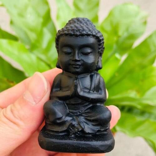 MOKAGY 6cm Natural Black Obsidian Quartz Stone Crystal Buddha Sculpture 1pc