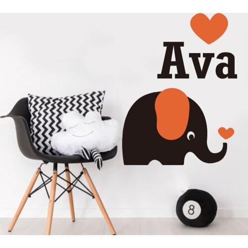 Cartoon Personalized Name Elephant Heart Wall Sticker Nursery Kids Room Custom Name Elephant Africa Animal Wall Decal Vinyl