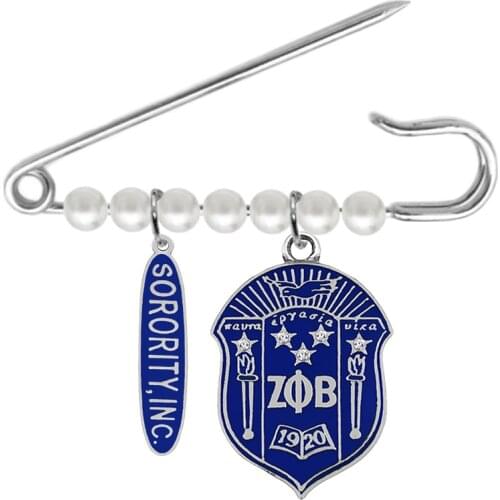New Fashion Greek letter society ZETA PHI BETA sorority Blue enamel pendant brooch Artificial pearl pin