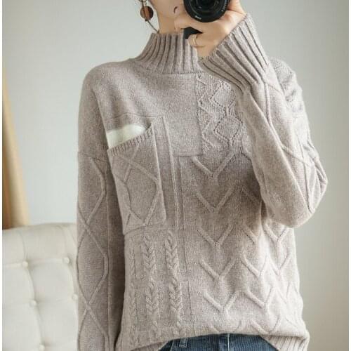 2021 new style 100% wool ladies high neck pullover sweater long sleeve pure color all-match casual cashmere base sweater