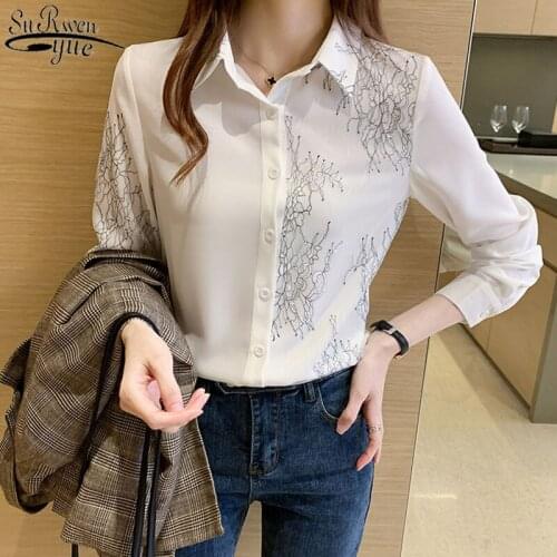 2021 Office Long Sleeve Cardigan Shirts Autumn White Printing Blouse Women Blusas Mujer Women Single Breasted Clothing 12140