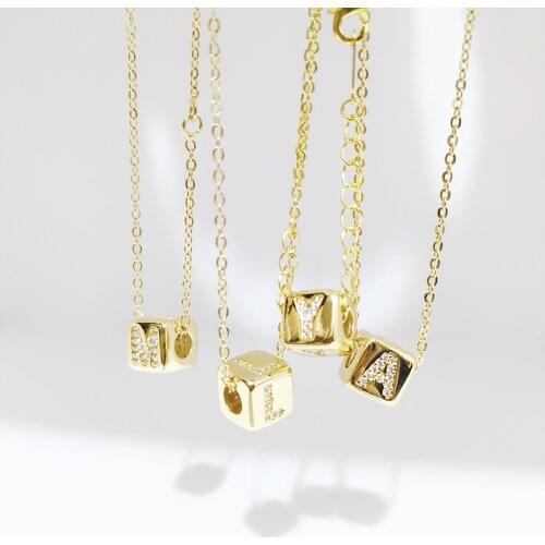 Alphabet Cube Pendant Necklace Long Chain 24K Gold Necklace For Women Girls Initial Letter Necklace Zirconia Collar mujer