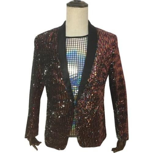 Mens Pasonalized Design Full Brown Sequins Nightclub Dance Performance Casual Blaser Jacket Party Dress Man Shining Slim Suits