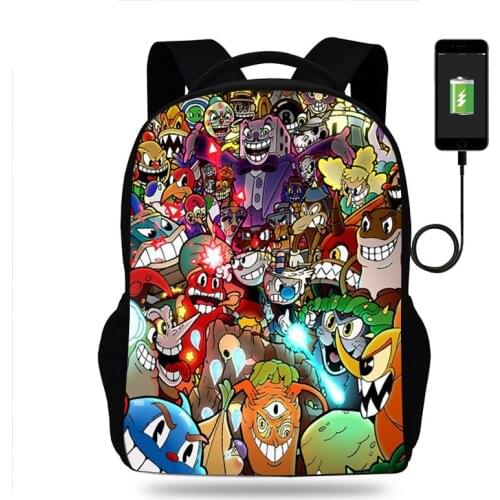 Hot Cuphead Mugman Backpack Boy Girl School Bag Children Teenager USB Charging Daily Travel Backpack Kids Schoolbags Mochila