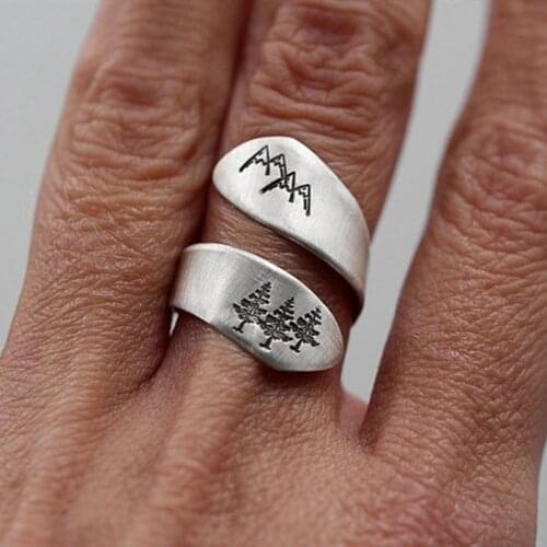 Simple Ladies Ring Green Tree Mountain Forest Brushed Wedding Ring Ladies Party Jewelry Creative Finger Opening Ring