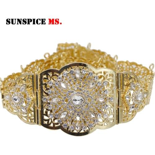 Sunspicems Moroccan Caftan Belt for Women Ethnic Wedding Dress Crystal Jewelry Gold Silver Color Metal Chain Bridal Gift