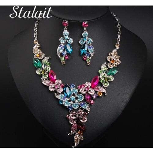 Romantic Clover Leaf Full Rhinestone Wedding Bridal Jewelry Set For Women Girl Prom Party Colorful Crystal Clothing Accessories