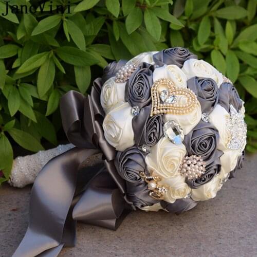 JaneVini Luxury Gray Crystal Wedding Bouquets Pearls Silver Rhinsestone Fake Flowers Bouquet Bridal Accessories Flores De Boda