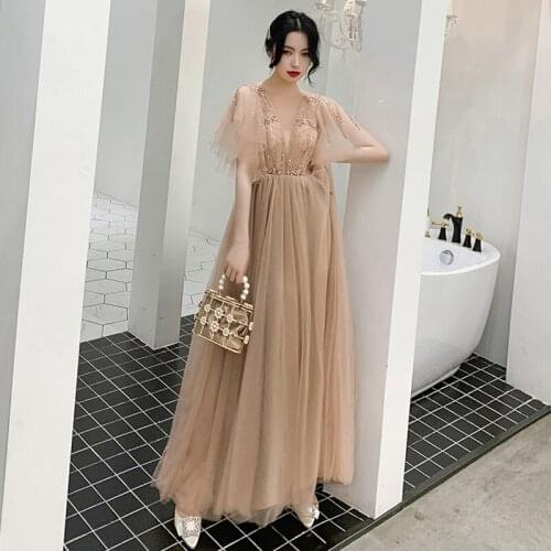 Sexy V-Neck Long Prom Dresses 2020 Beaded Beading A-Line Formal Gown Party Dress vestidos de fiesta de noche