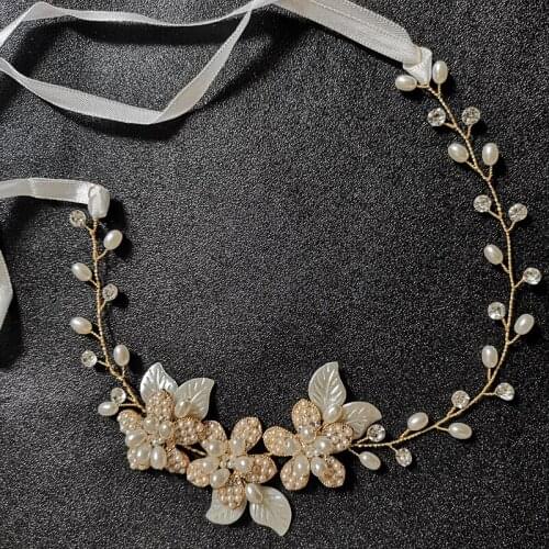 SLBRIDAL Handmade Wired Gold Crystal Rhinestones Pearls Flower Wedding Hair accessories Headpieces Bridal Headband Women Jewelry