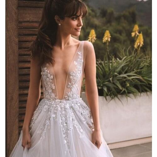 A Line Boho Wedding Dress Backless Illusion Lace Bridal Gowns Deep V Neck Long vestido de novia