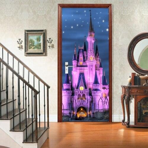 Glowing In The Night Castle Door Sticker Landscape Animal Flower Door Decoration Waterproof Removable Diy Self-Adhesive Mural
