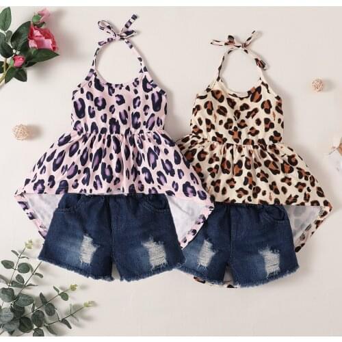 FOCUSNORM Fashion Summer Kids Girls Clothes Sets 2pcs Leopard Printed Sleeveless Belt Ruffles Tops Denim Shorts 0-5Y