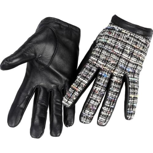 High Quality Womens Knitted Fabric Patchwork Genuine Sheepskin Leather Gloves Evening Dress Mittens