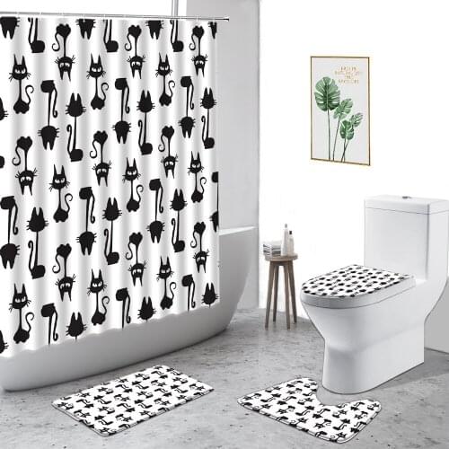 Funny Black Cat Shower Curtain Hand-Painted Cartoon Animal Bathroom Decor Non-Slip Carpet Toilet Cover Waterproof Bath Curtains