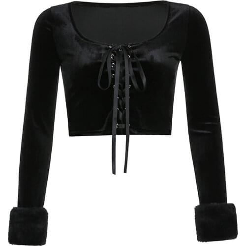 Womens T-shirt, Slim Long Sleeve Round Neck Lace-up Cropped Tops for Dating Party Travelling Vacation