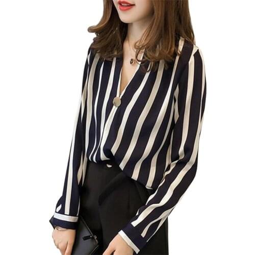 Women Shirt Chiffon Blusas Striped Tops V-neck Long Sleeve Elegant Ladies Formal Office Blouse Plus Size Chiffon Shirt clothing