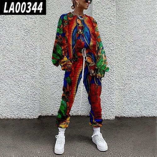 2 Piece Sets womens Puff Long-sleeve Pullover+Drawstring Pants Our Lady of Guadalupe Harajuku Tie-dye colorful Women trousers