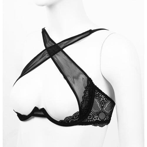 Women Erotic Nightwear Sexy Transparent See Through Mesh Open Cup Crop Top Lingerie Crisscross Front Underwired Bra Sleepwear