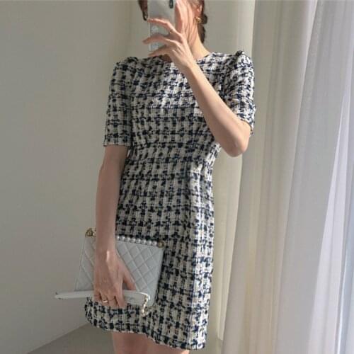 Vintage Plaid summer womens dress 2021 Knitted O-neck Puff Sleeve Elegant Party Dresses Women Slim High Waist French Robe