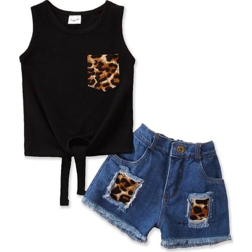 2Pcs Infant Leopard Outfits Toddler Sleeveless Round Neck Vest Lace up Denim Shorts Casual Pocket Clothes Kid Children Sets 1-6Y