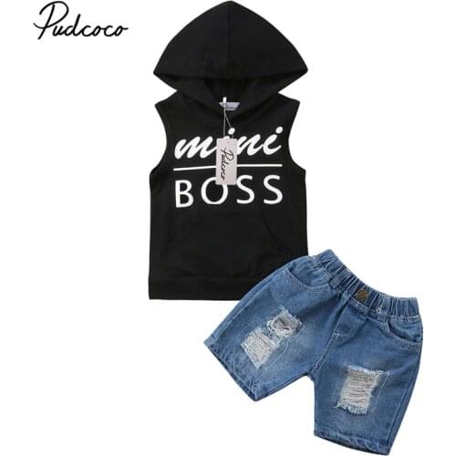 2019 1-5Y Cool Kids Boys Baby Clothes Summer Hoodie T-Shirt Tops+Short Jeans Ripped Pants Outfits 2Pcs Clothing Set