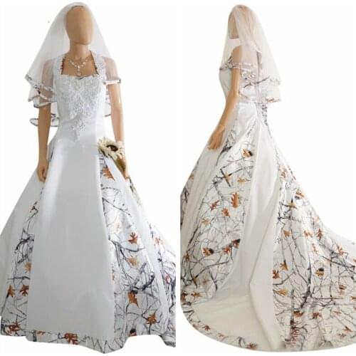 2019 Lace Appliques Camo Snowfall Wedding Dresses Camouflage White Bridal Gowns Formal Long Satin Real Tree Plus Size