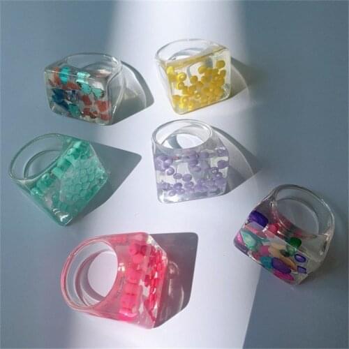 2021 New Fashion Korean Version Of Transparent Resin Square Acrylic Inlaid Ring For Women Party Jewelry Gift