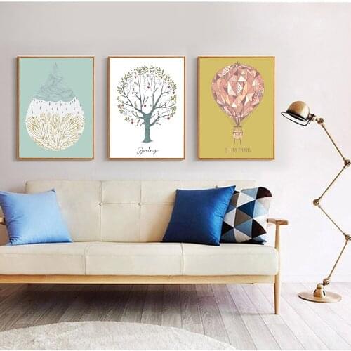 Abstract Nordic Hot-air Balloon,Water Droplets and Cartoon Tree Canvas Art Print Painting Modern Home Decoration Unframed