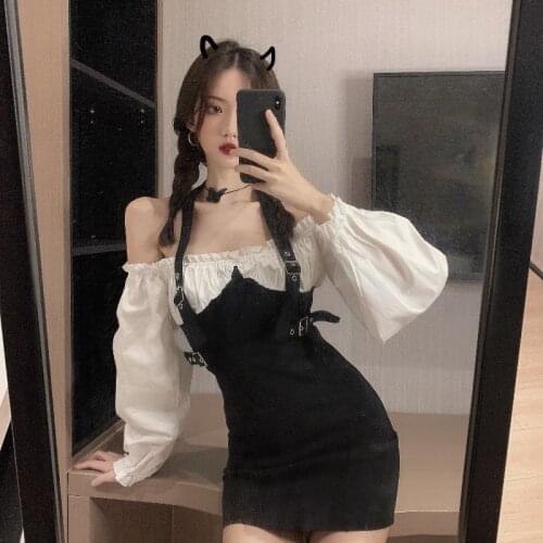 Retro fake two-pieces package hip dress female spring and autumn 2020 new slim and thin off shoulder dress