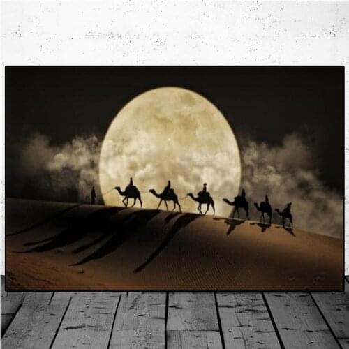 Desert Moon Night Scene Canvas Painting Wall Art Posters and Prints Camel In The Desert Canvas Wall Art Pictures Landscape